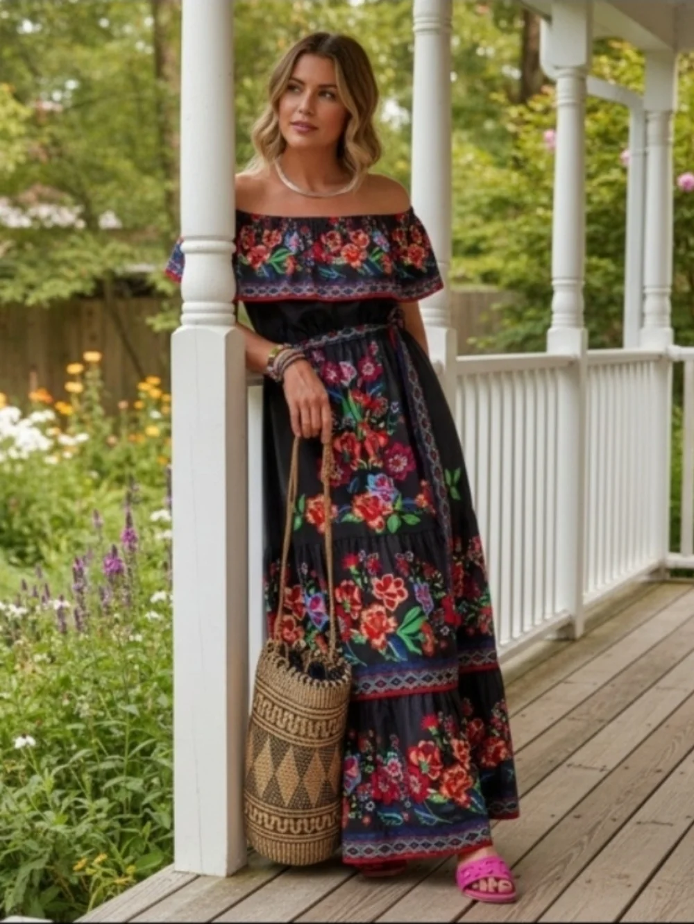 Floral Ruffle Off Shoulder Belted Elastic Waist Retro 70s Tiered Boho Maxi Dress - Picture 1 of 8